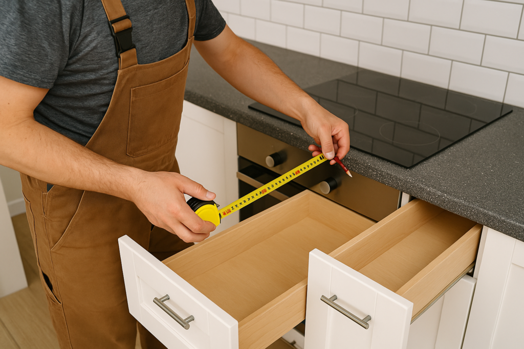 man measuring kitchen drawers