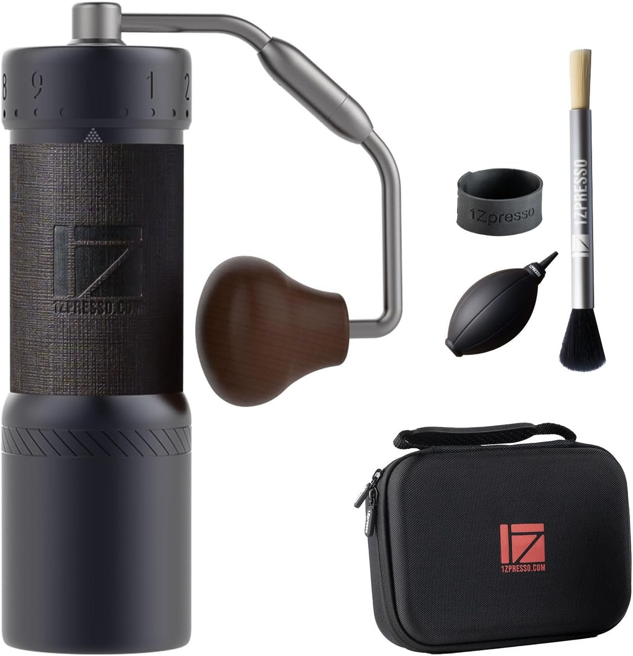 1Zpresso J-Ultra iron grey manual coffee grinder with folding handle and magnetic catch cup