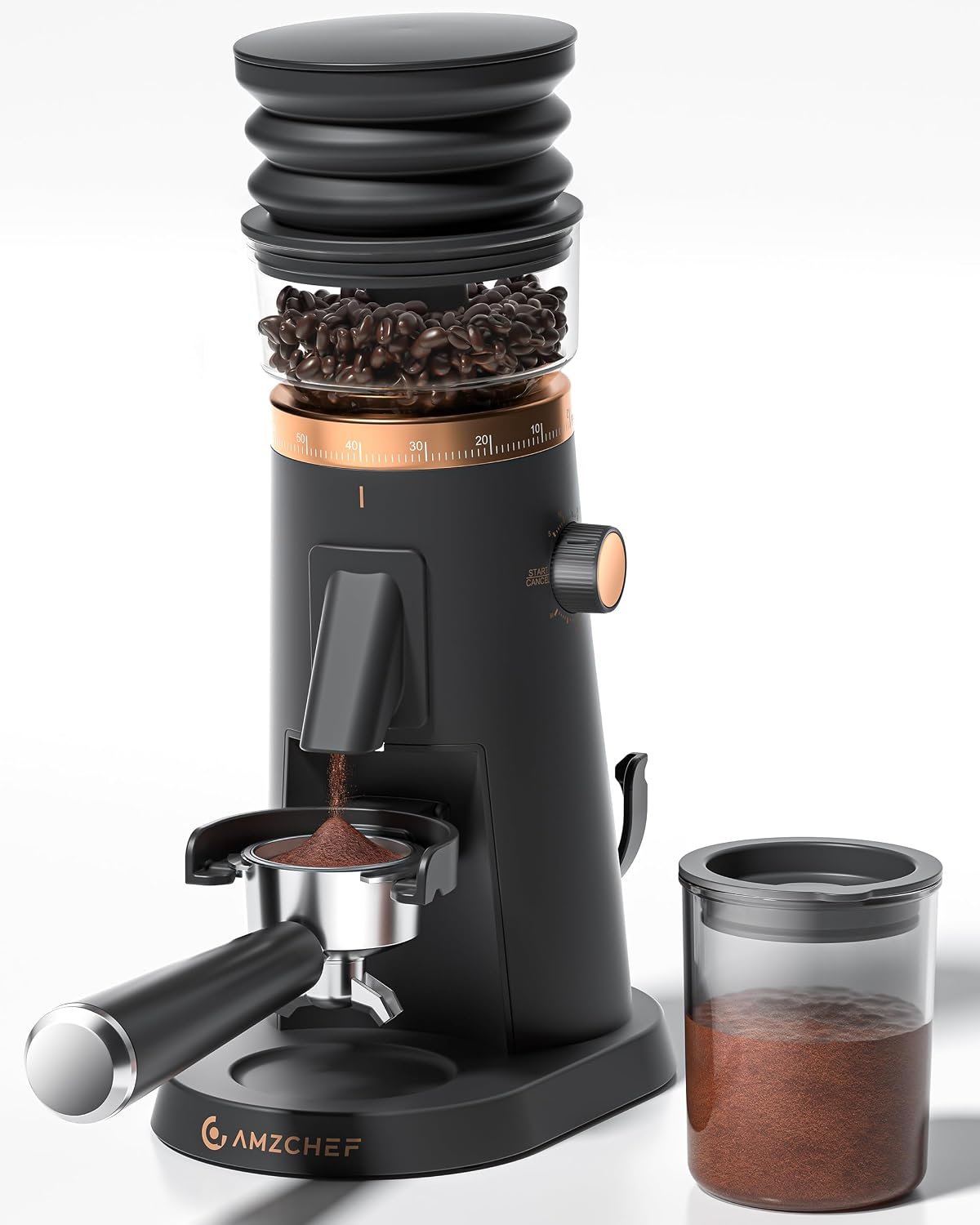 AMZCHEF rose gold single dose coffee grinder with timer and dosing funnels