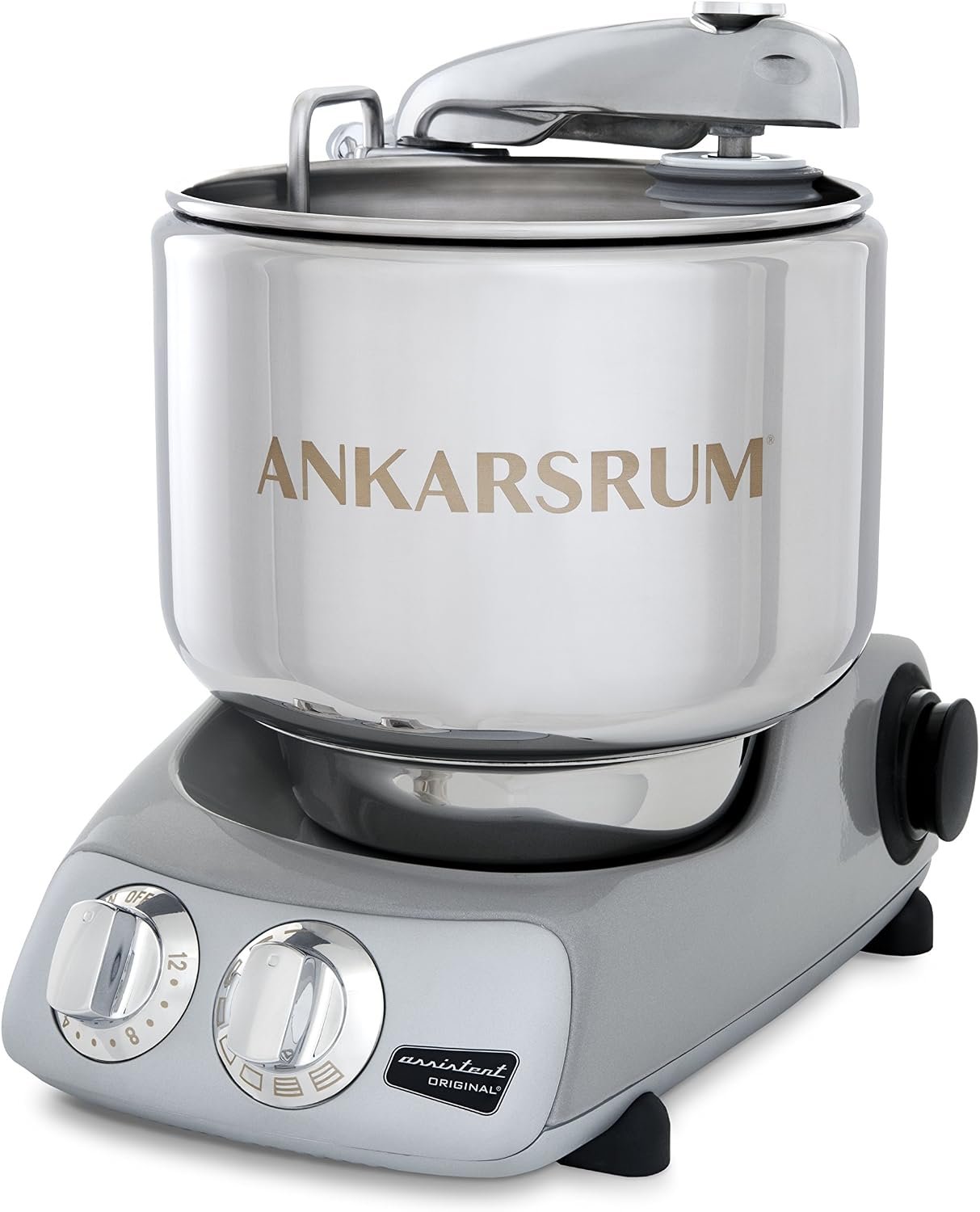 Ankarsrum Assistent Original stand mixer in jubilee silver with stainless bowl and dough roller