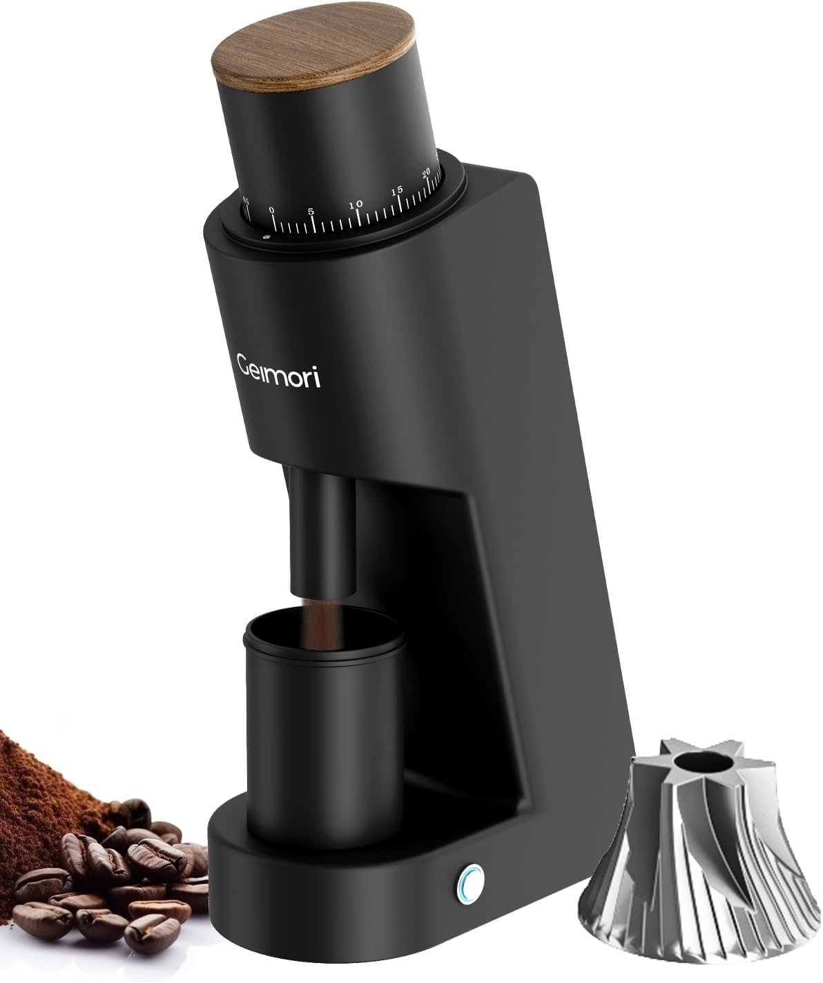 Geimori GU38 compact black stepless conical burr grinder with bellows