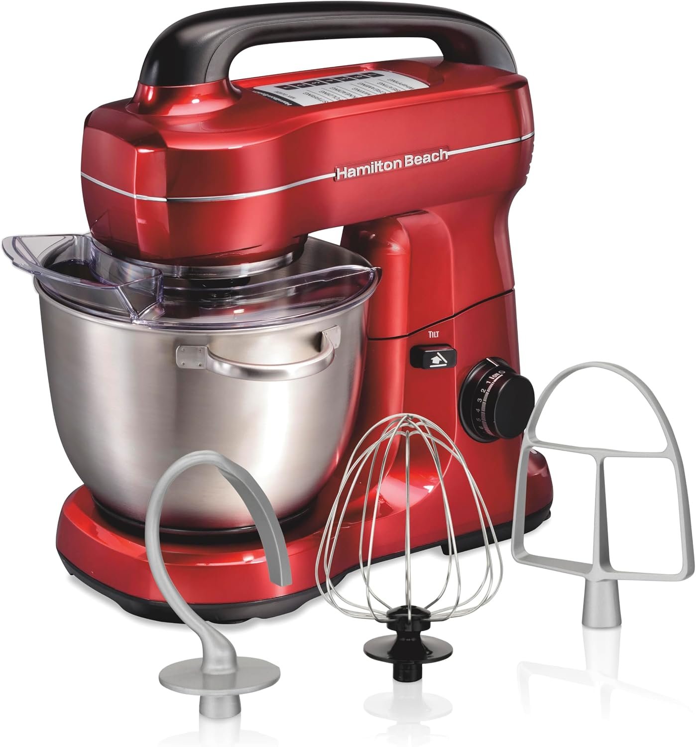 Hamilton Beach 4 quart red stand mixer with splash guard and carry handle