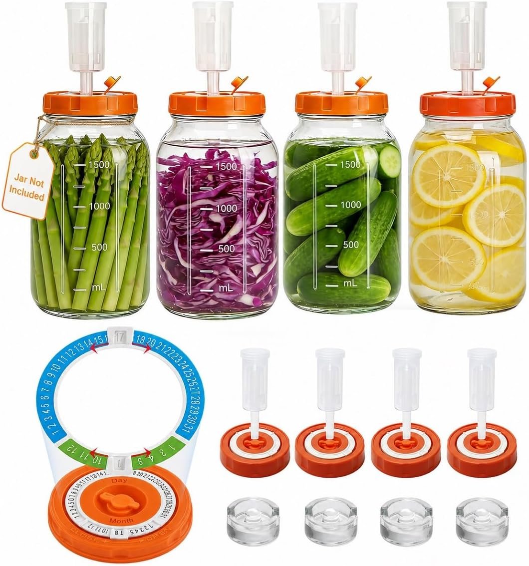 Hersolm four-pack fermentation kit with date-marker lids, glass weights with grip handles and water airlocks