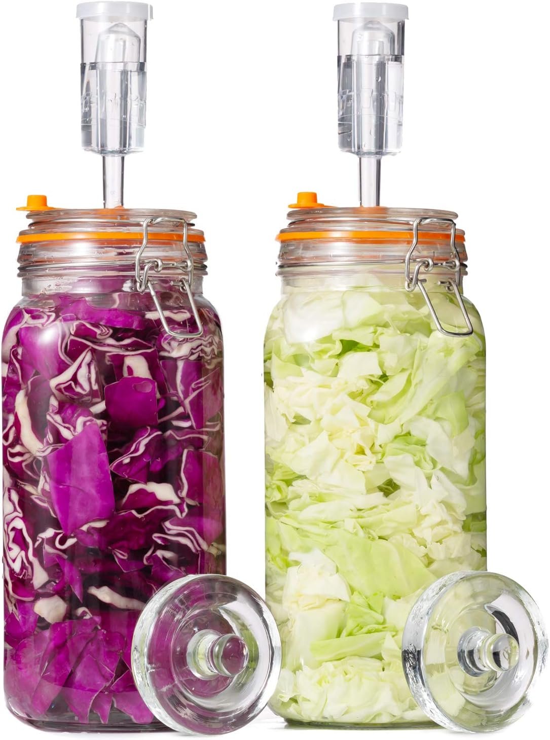 Two JILLMO 2 liter glass fermentation jars with clamp lids, water airlocks and glass weights