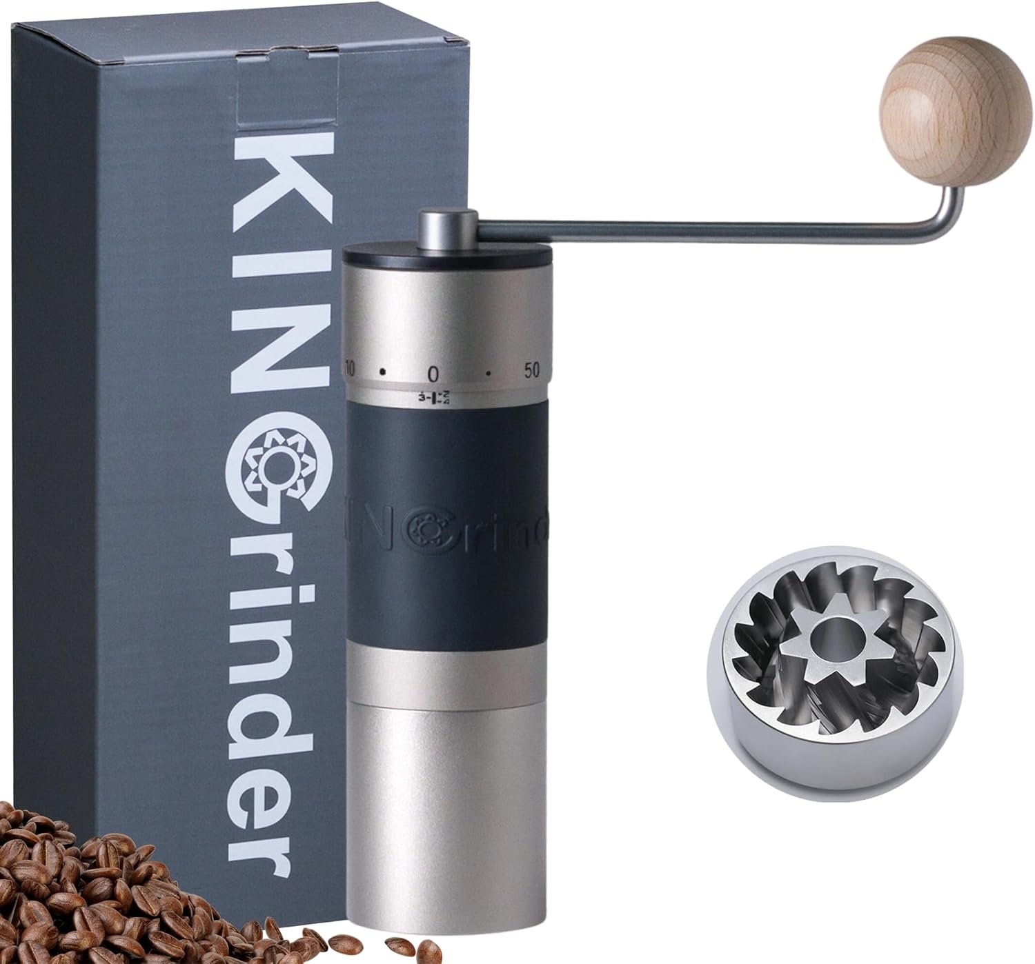 KINGrinder K6 silver manual coffee grinder with straight handle