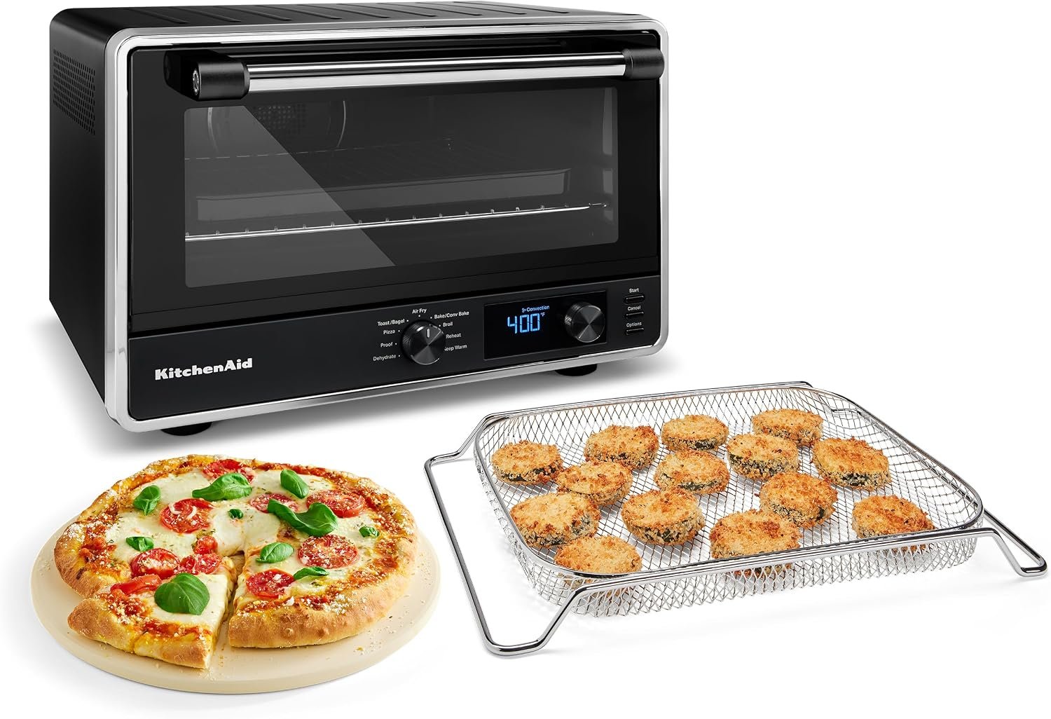 KitchenAid digital countertop oven in black matte with 12 inch pizza stone