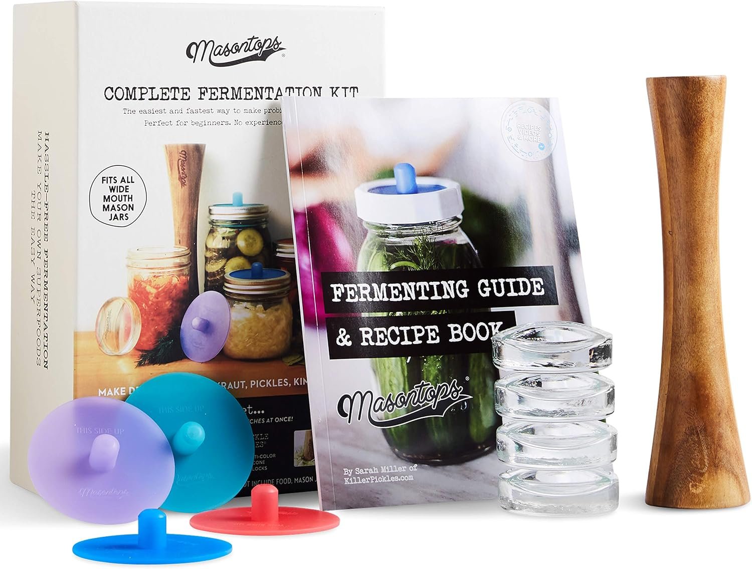 Masontops complete mason jar fermentation kit with Pickle Pipe lids, glass Pickle Pebble weights and acacia tamper