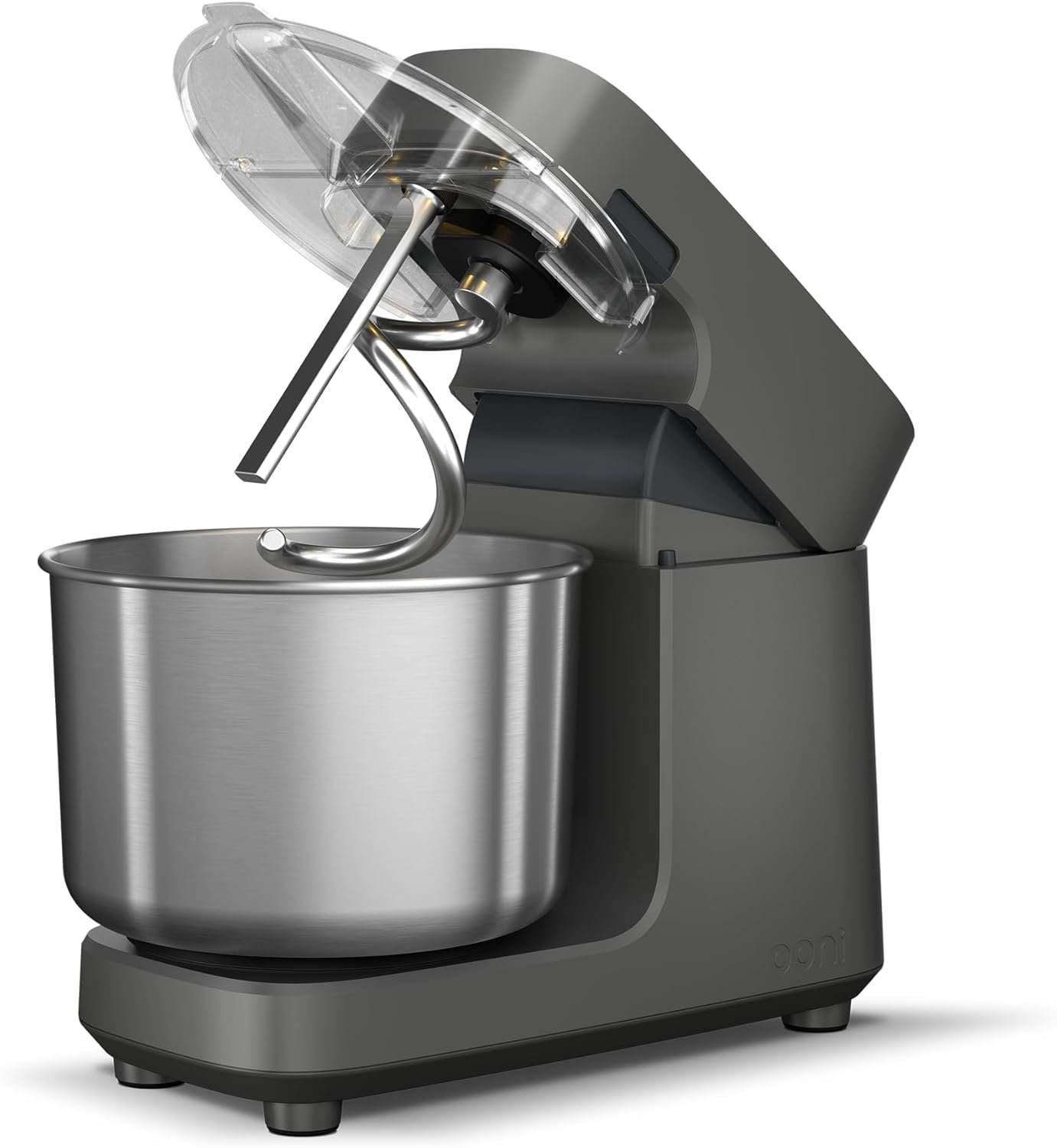 Ooni Halo Pro spiral dough mixer in charcoal grey with rotating bowl