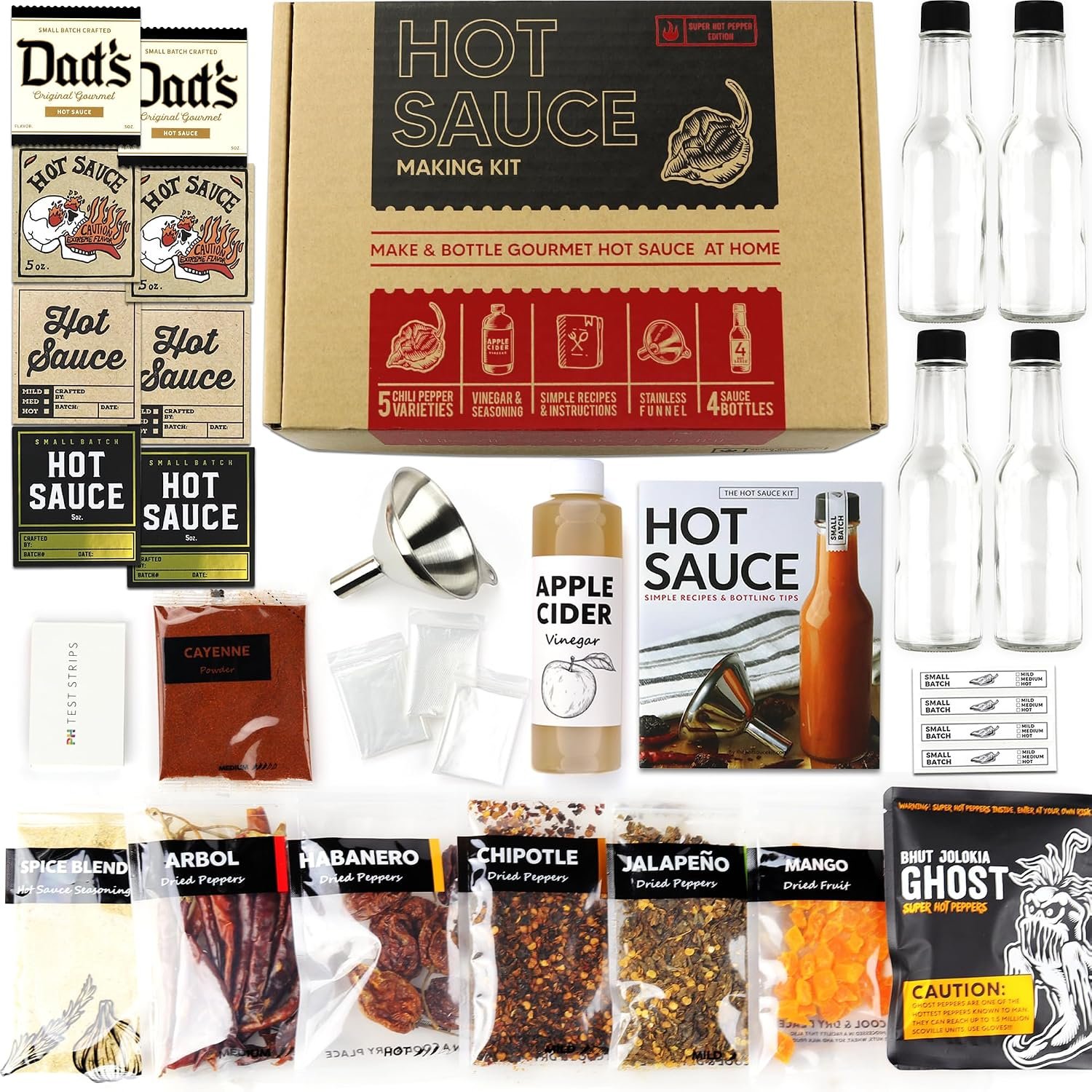 Millhouse Spice Co hot sauce making kit with six dried pepper varieties, bottles, labels, funnel and recipe booklet