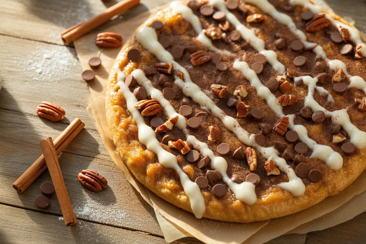 Cinnamon sugar cookie dessert pizza with chocolate chips