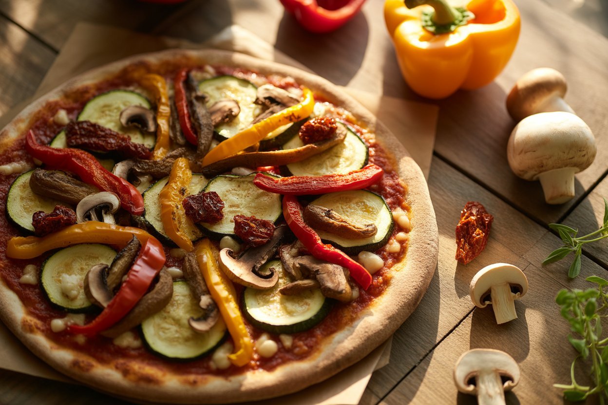 Garden vegetable pizza with roasted peppers, zucchini, and mushrooms