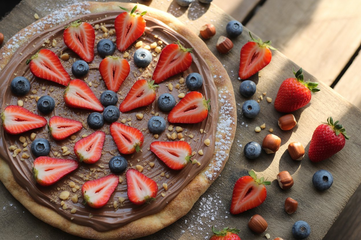 Nutella dessert pizza with strawberries, blueberries, and powdered sugar