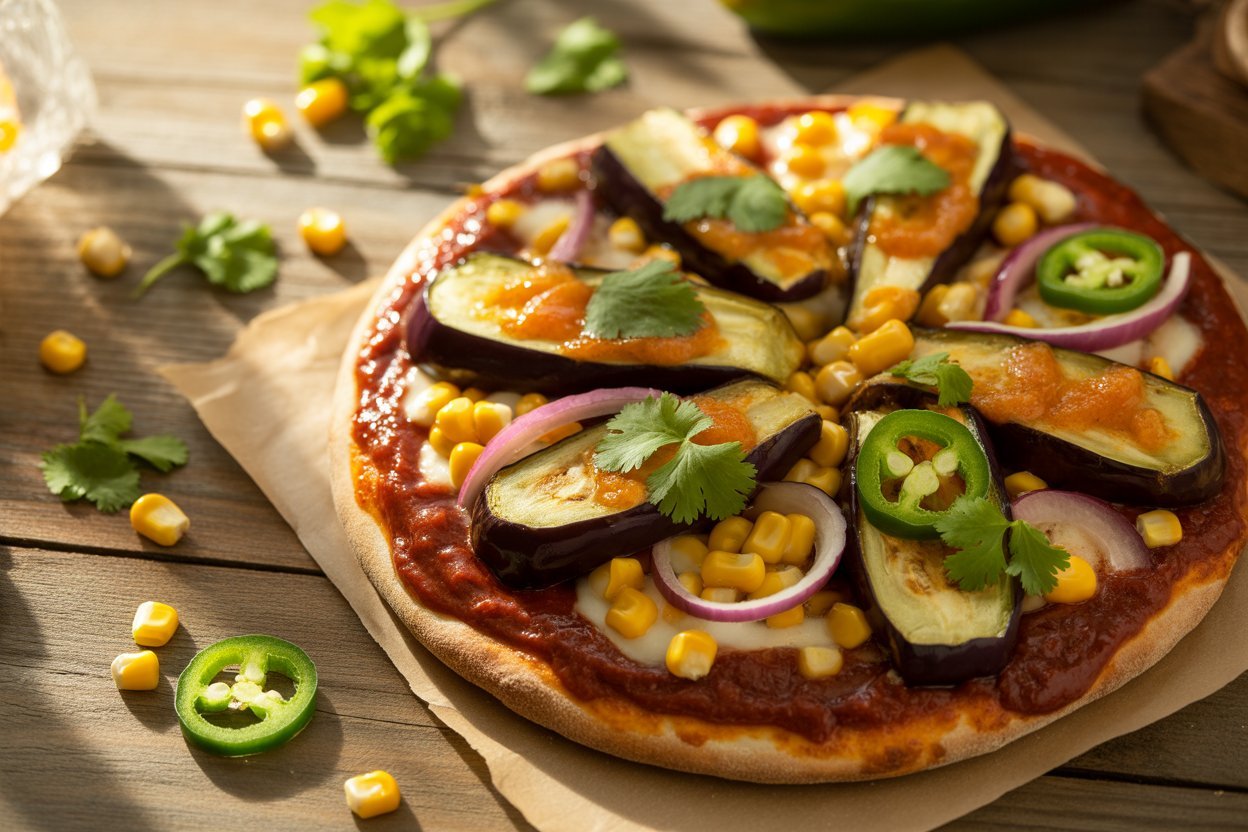 BBQ vegetable pizza with grilled eggplant, corn, and smoked cheddar