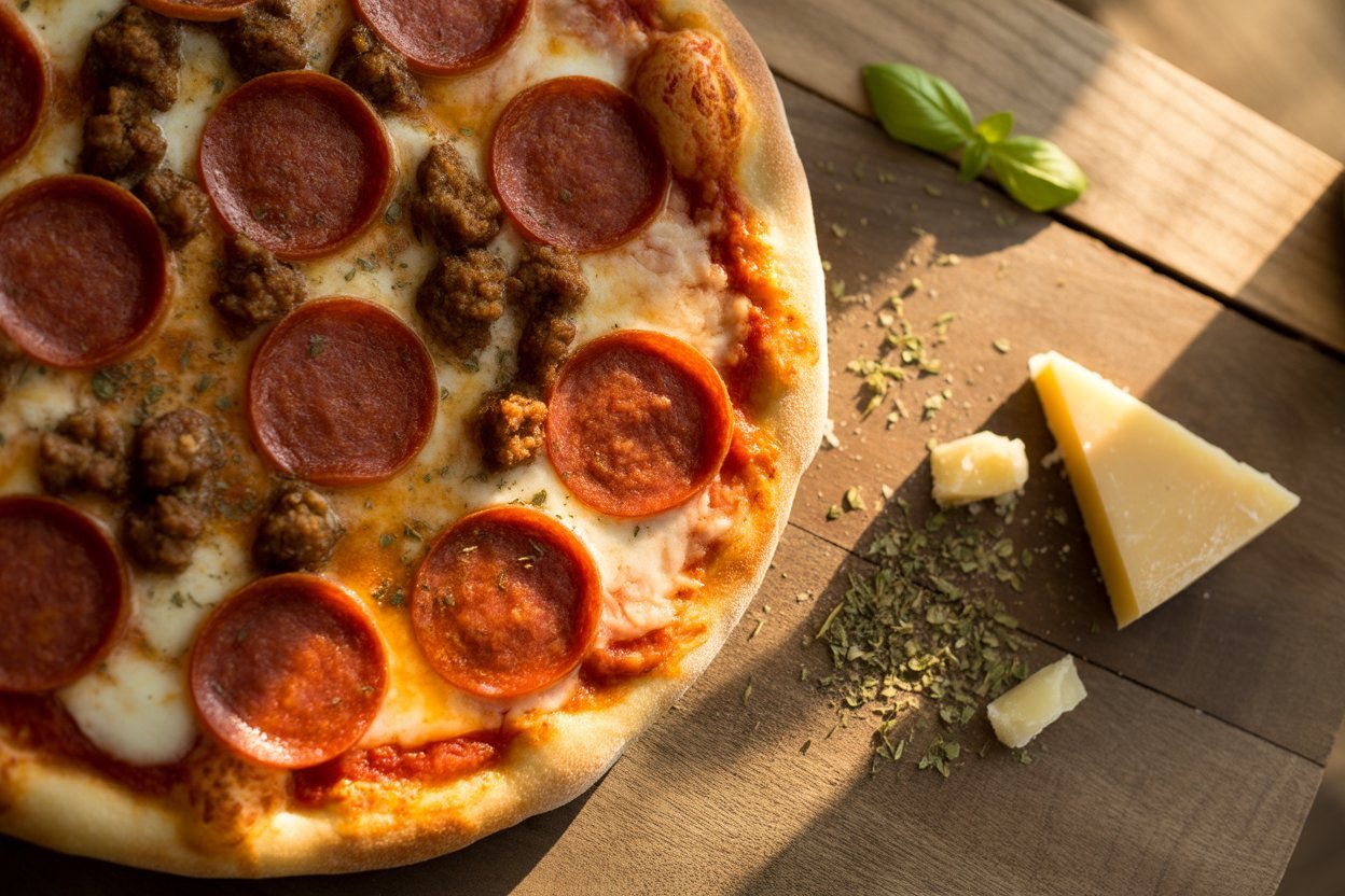 Pepperoni supreme pizza with sausage and melted mozzarella