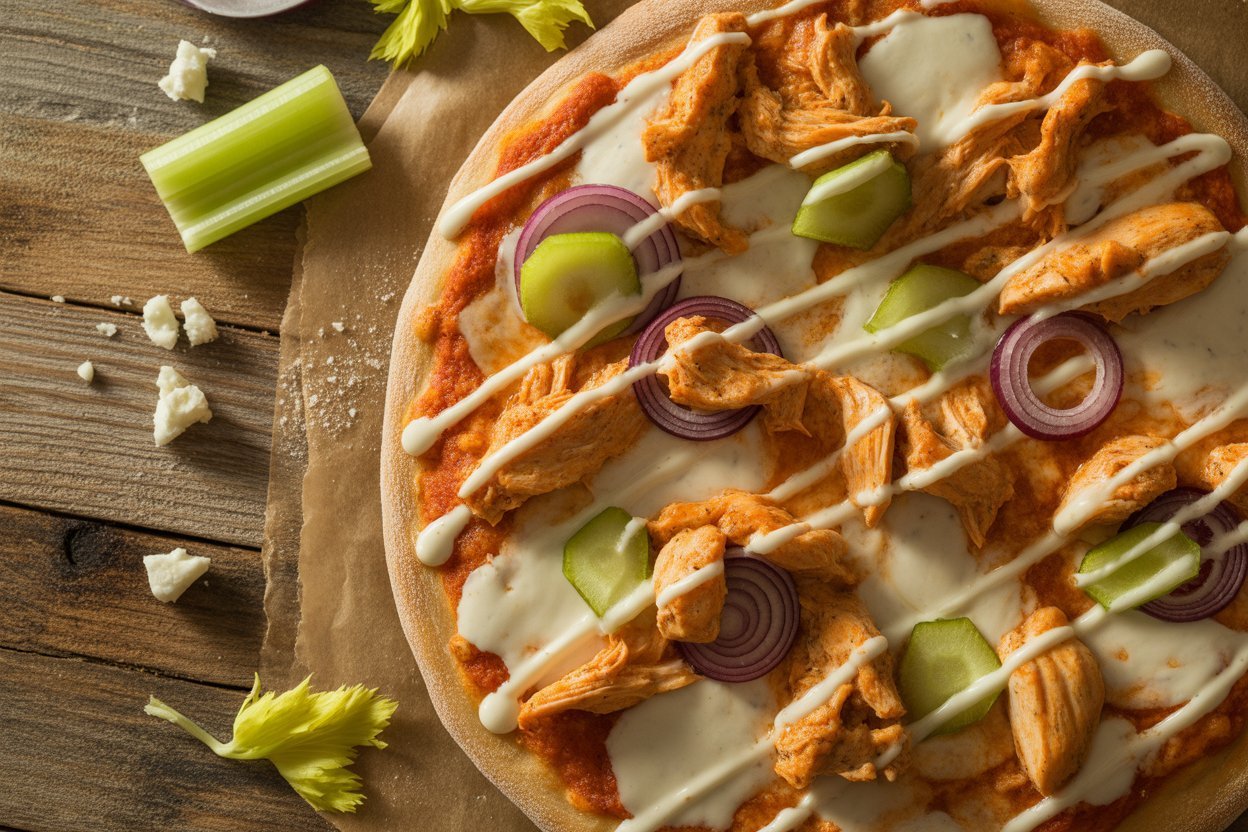 Buffalo chicken pizza with blue cheese and ranch drizzle