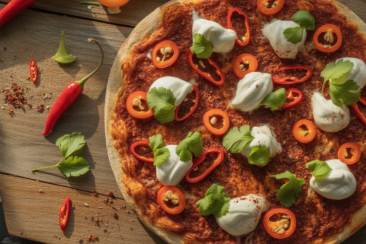 Ghost pepper pizza with chili peppers and sour cream dollops