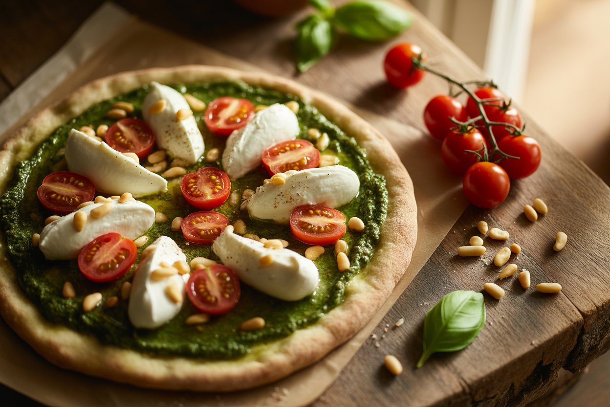Pesto ricotta pizza with cherry tomatoes and pine nuts