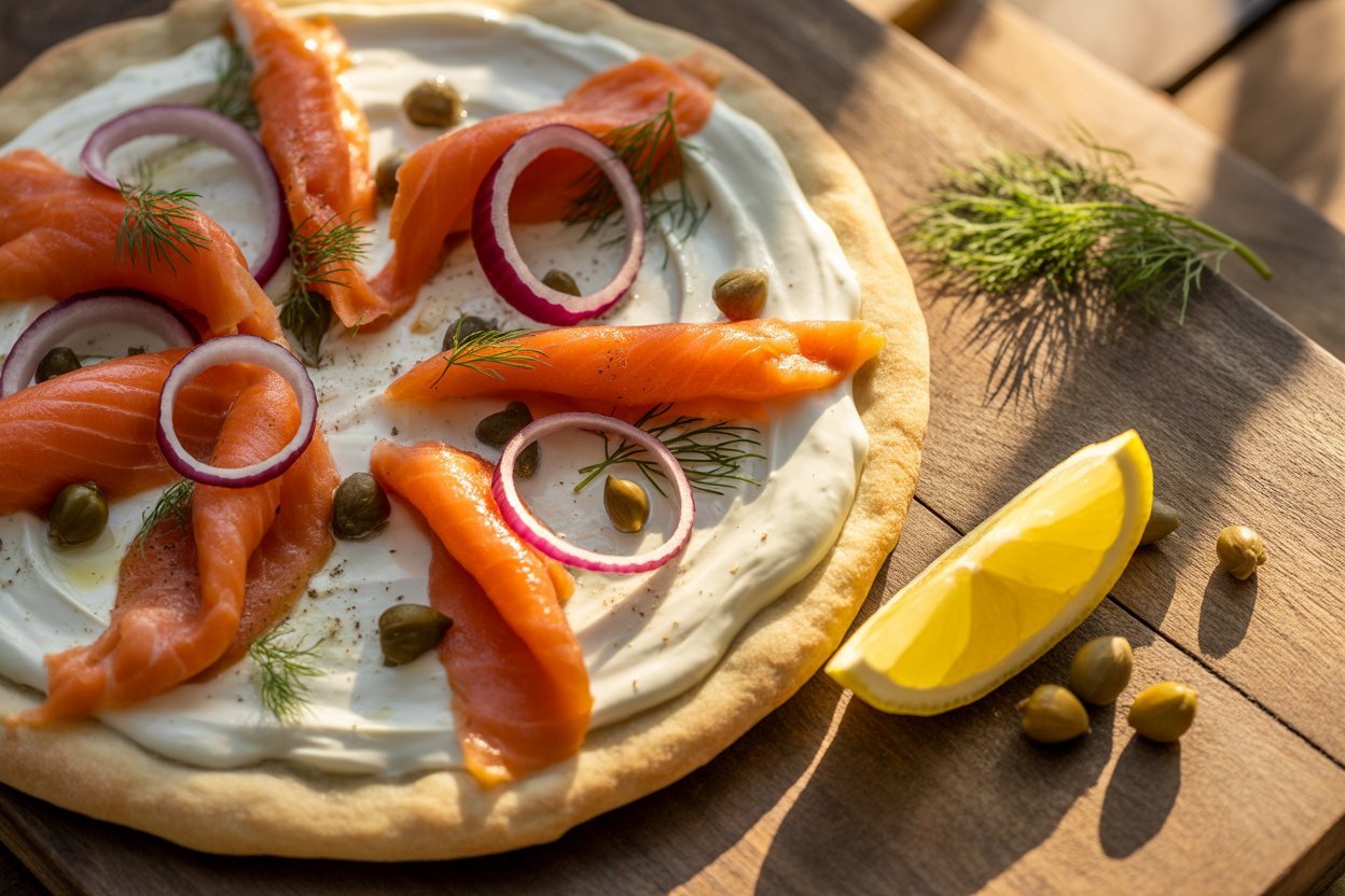 Smoked salmon pizza with creme fraiche, capers, and dill
