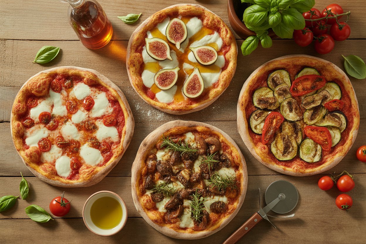 Overhead spread of gourmet homemade pizzas with different topping combinations