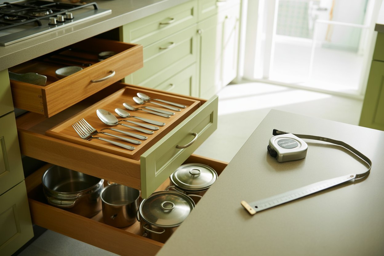 Open kitchen base-cabinet drawers with cutlery tray, utensils, and stacked pots and pans, with a tape measure on the counter