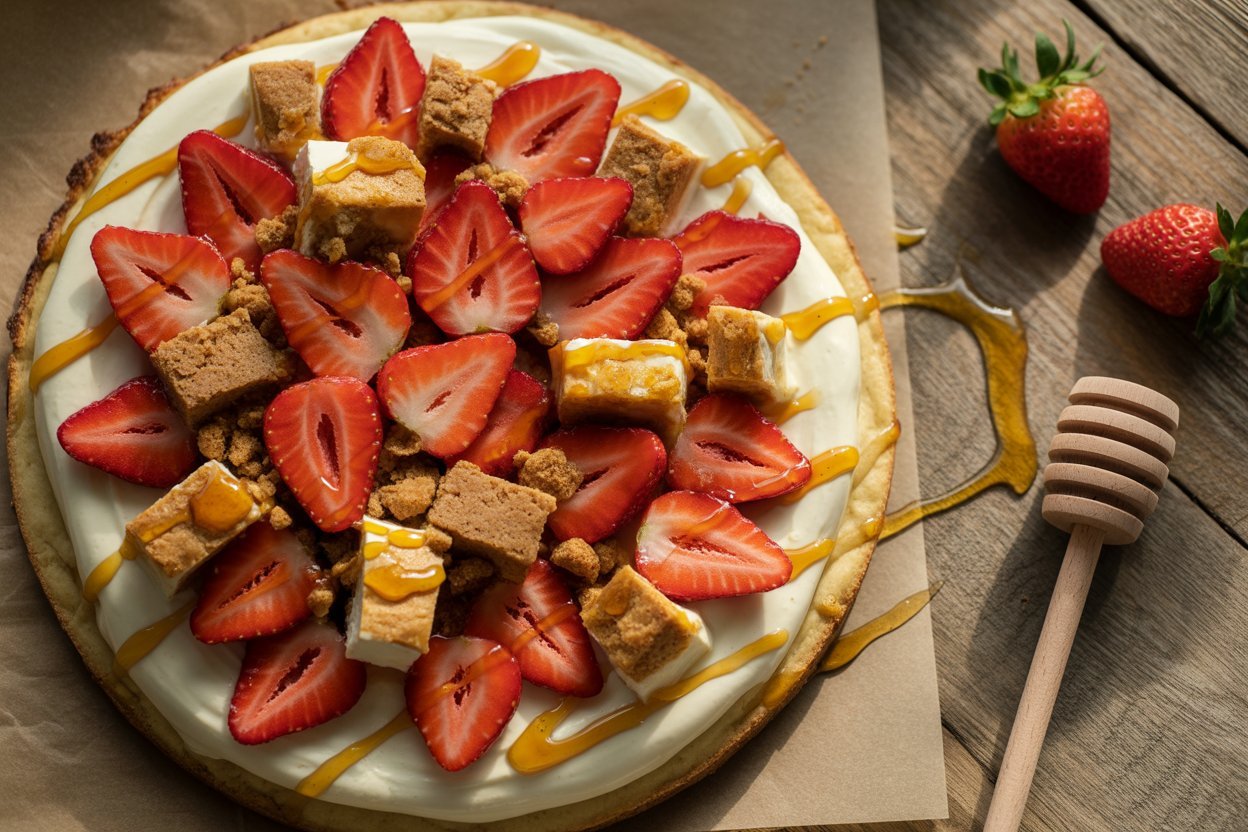 Strawberry cheesecake dessert pizza with graham crumbs
