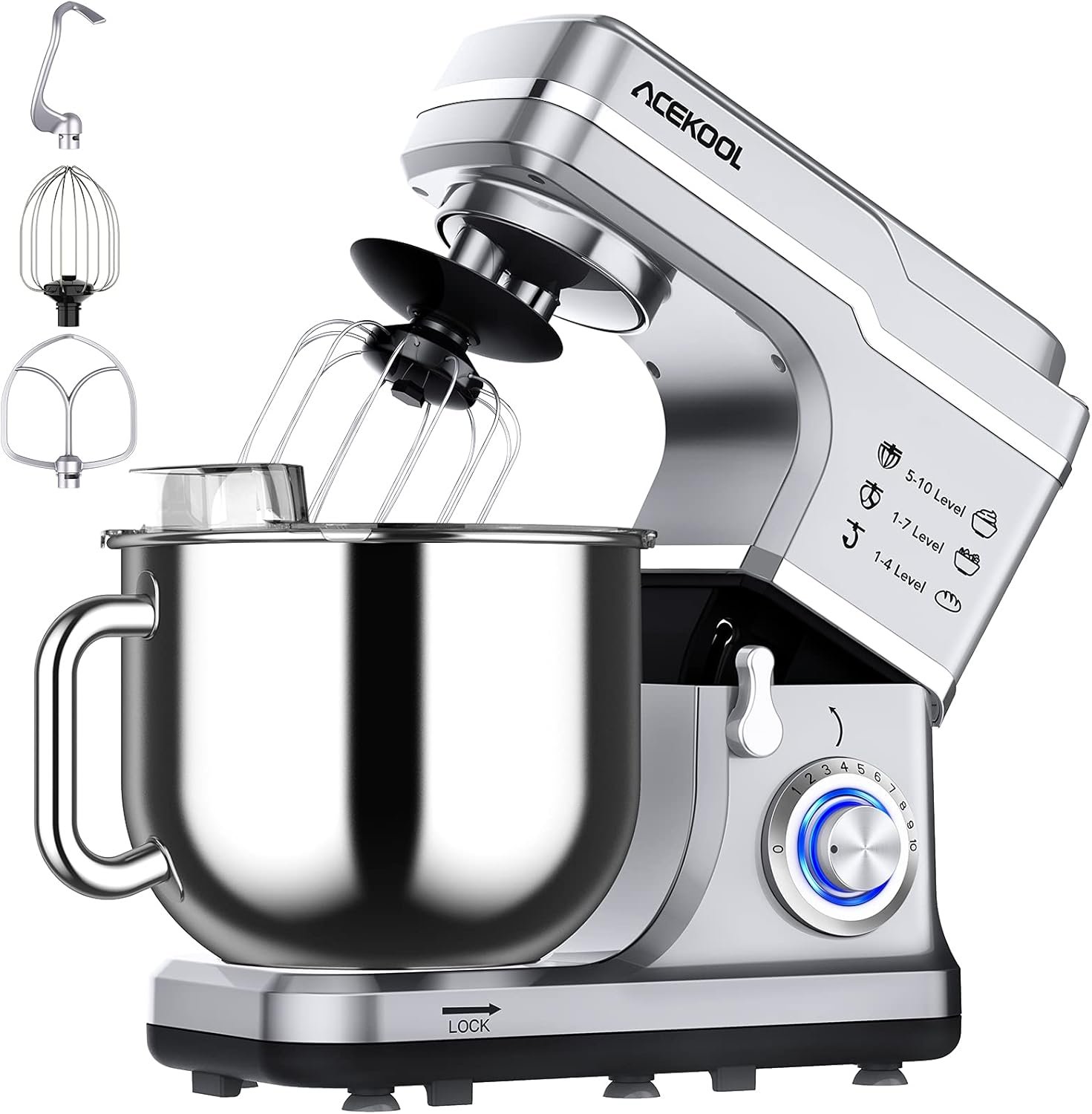Acekool 7.5 quart silver tilt-head stand mixer with splash guard