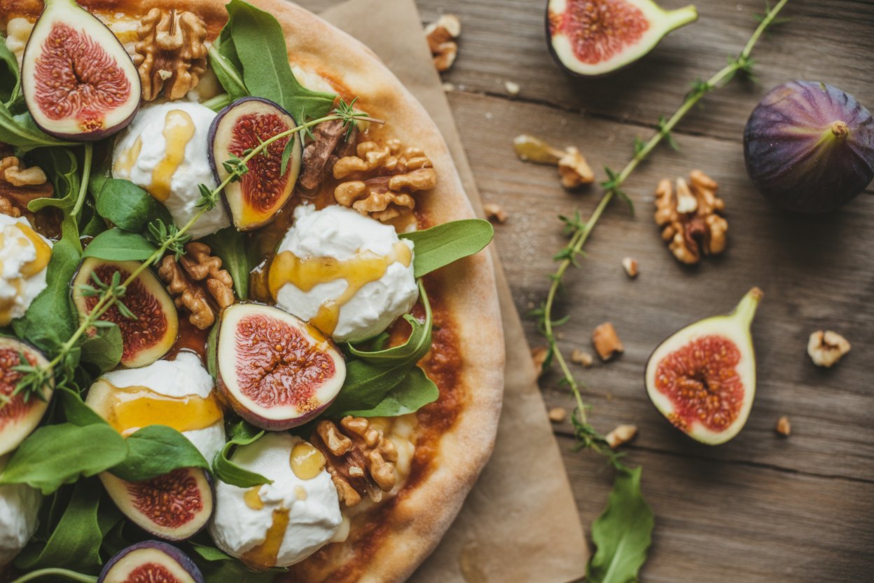 Fig and ricotta pizza with honey drizzle and arugula