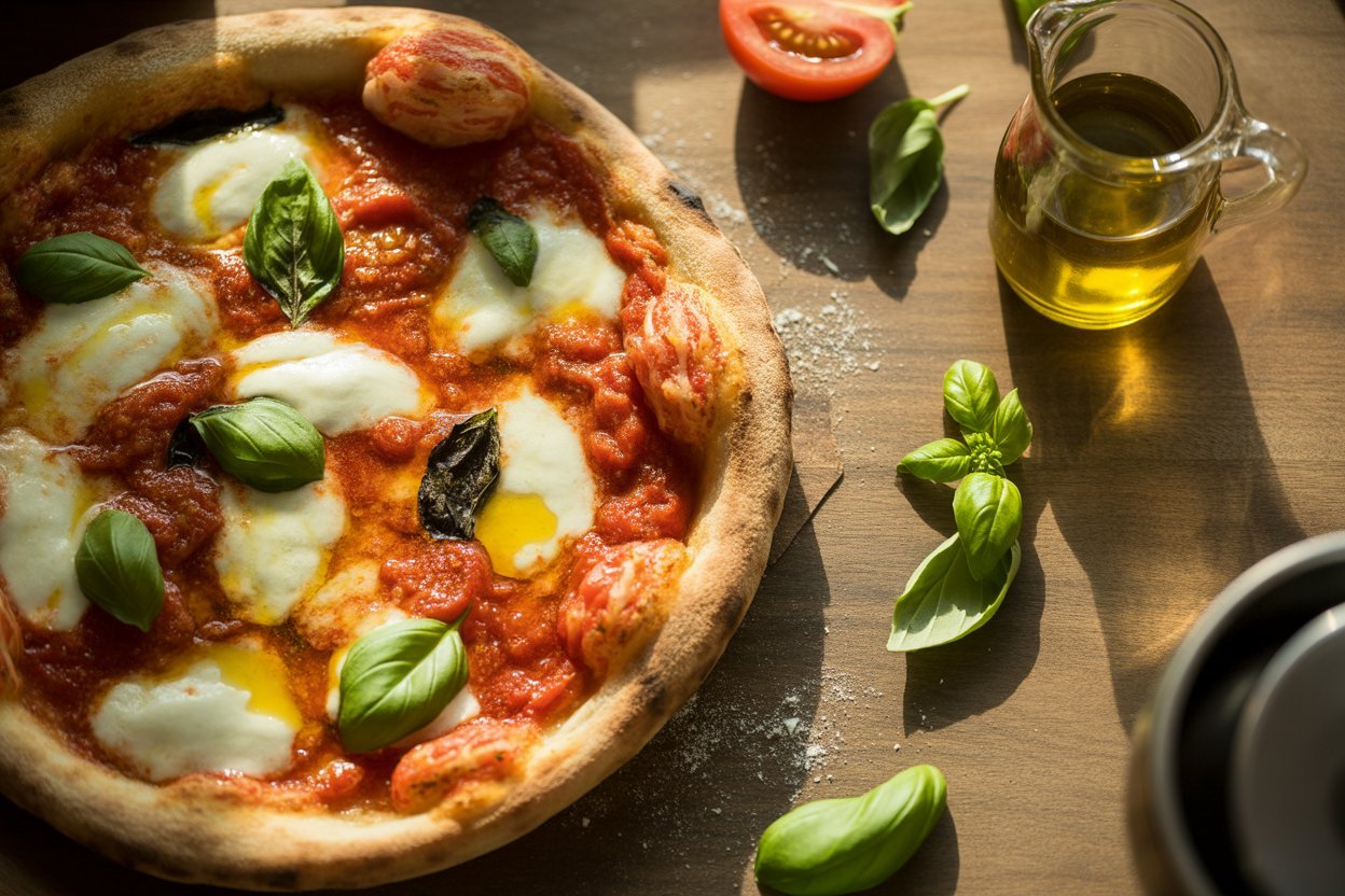 Margherita pizza with fresh mozzarella, basil, and tomato