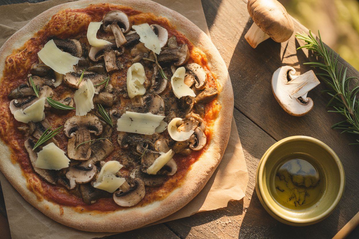 Truffle mushroom pizza with shaved cheese and herbs