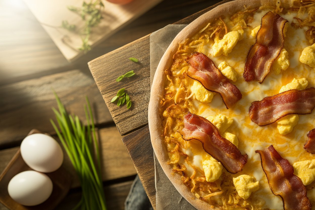 Breakfast pizza with scrambled eggs, bacon, and hash browns