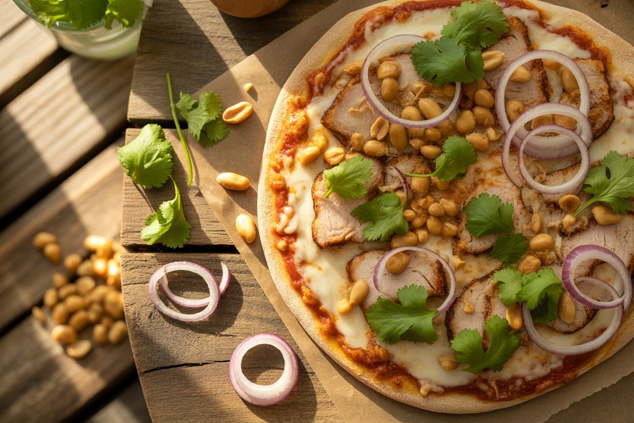 Spicy Thai chicken pizza with sriracha, peanuts, and cilantro