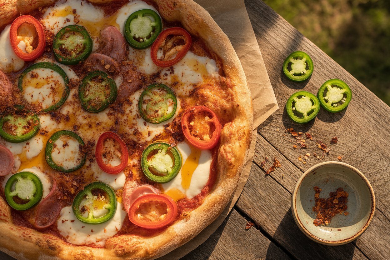Spicy jalapeño pizza with chili flakes and hot honey
