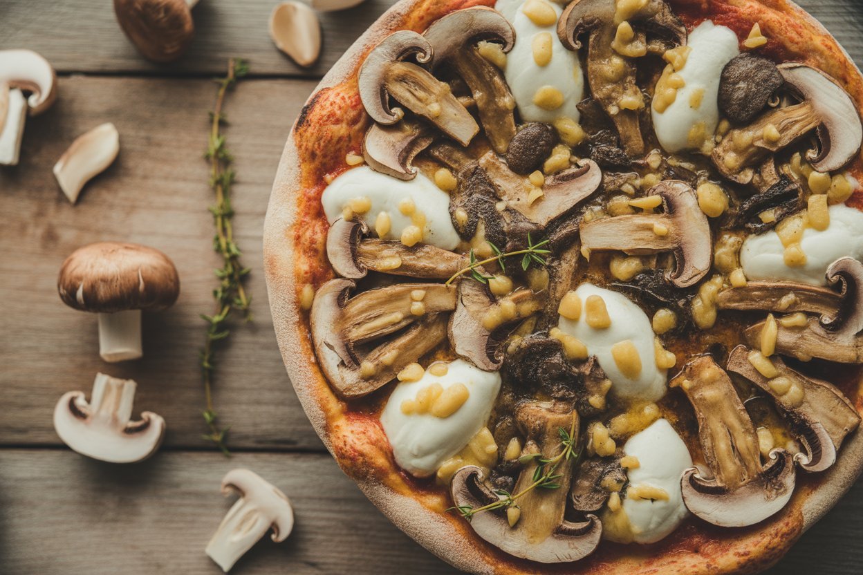 Mixed mushroom pizza with garlic, thyme, and ricotta