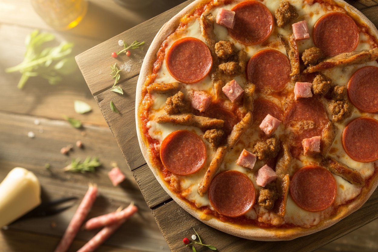 Meat lovers pizza loaded with pepperoni, sausage, ham, and bacon