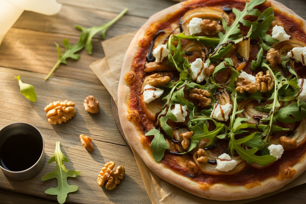 Caramelized onion and goat cheese pizza with arugula and balsamic