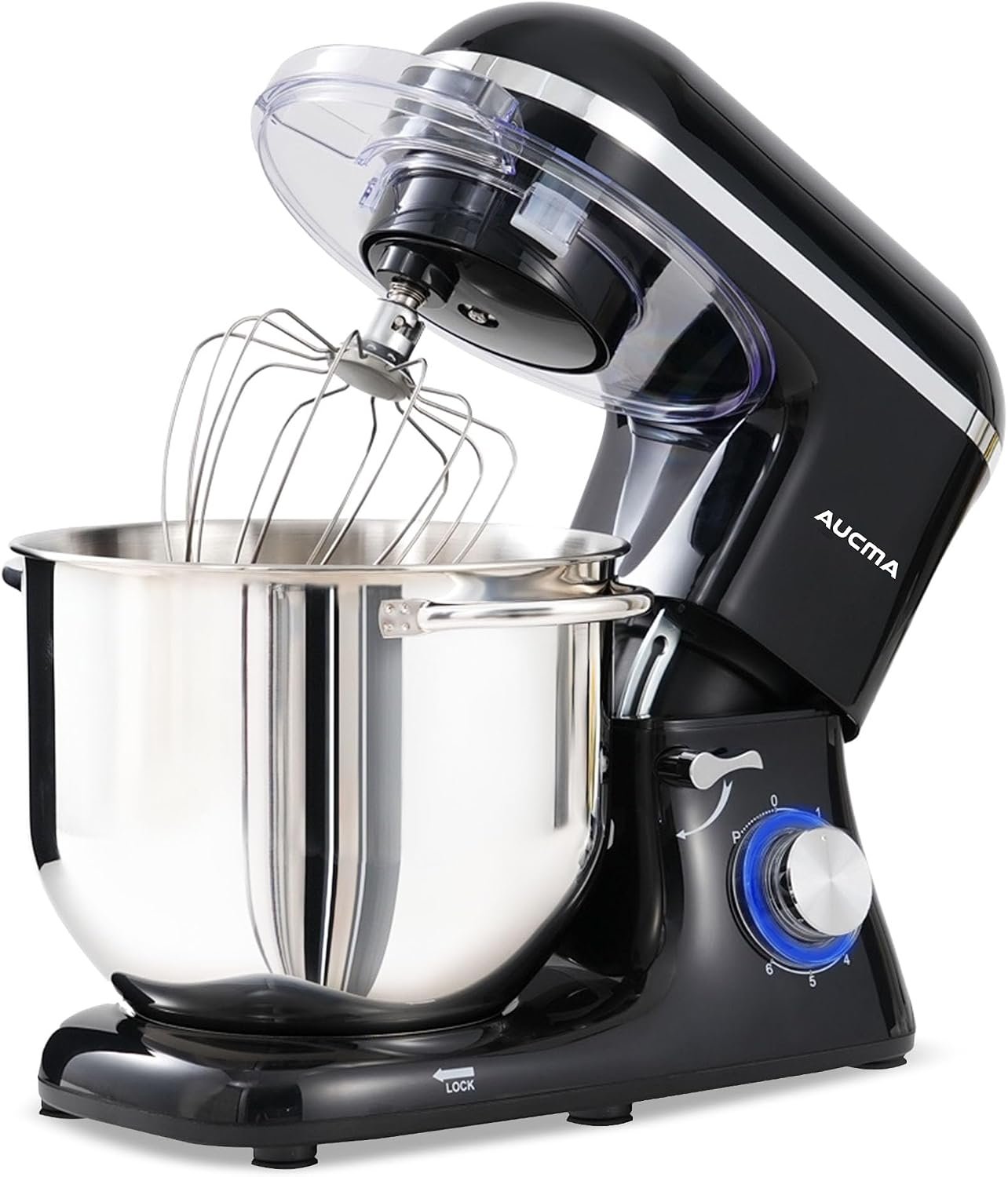 Aucma 8 quart 900 watt tilt-head stand mixer in black with stainless bowl