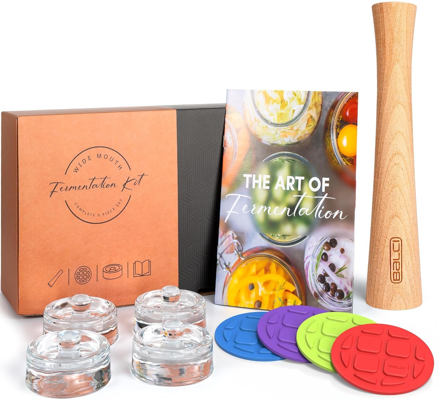 BALCI nine-piece mason jar fermentation starter set with four lids, four glass weights, wooden tamper and recipe book