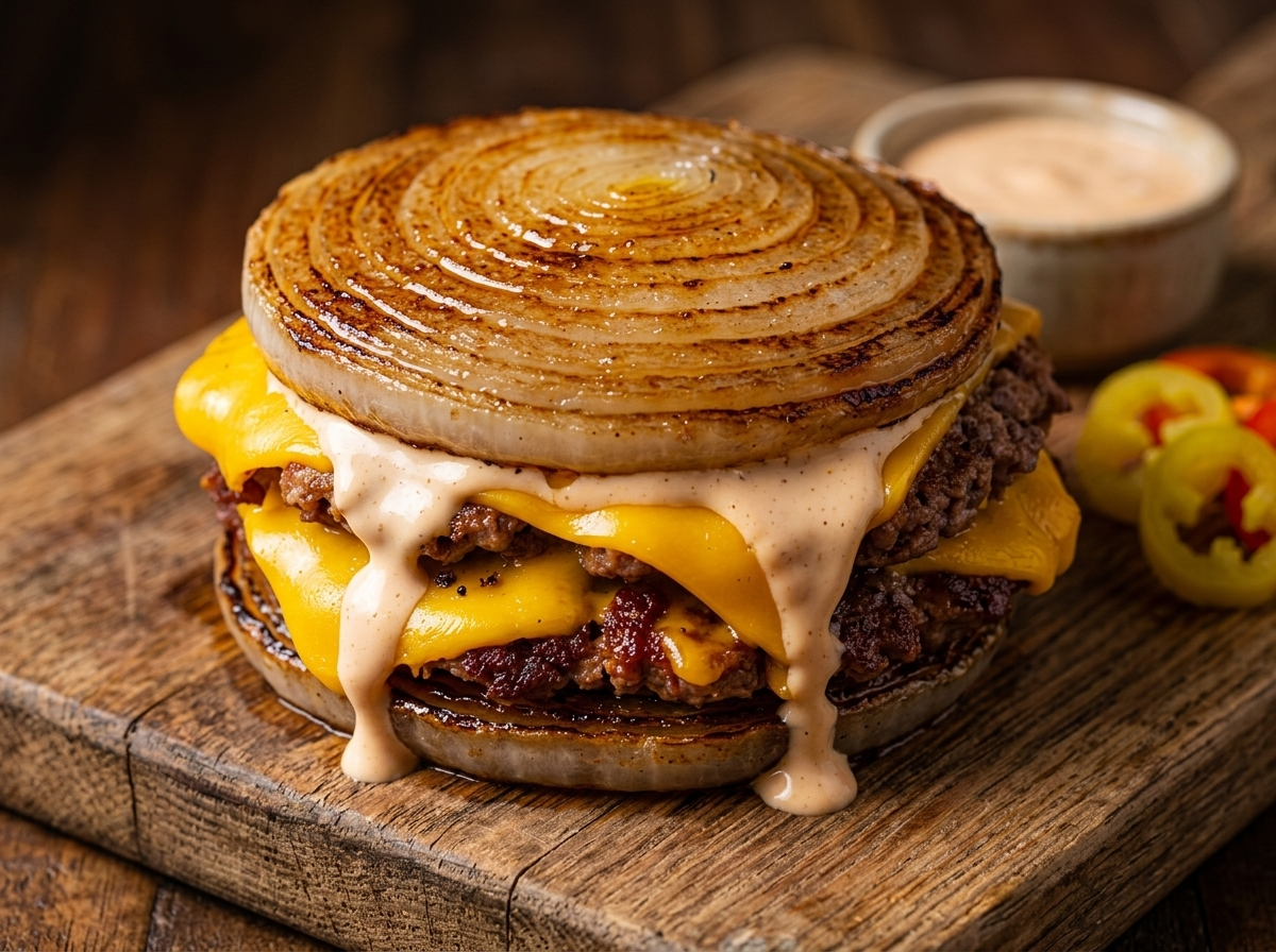 Flying Dutchman burger: double smash beef patties with melty cheese and special sauce between two caramelized onion buns