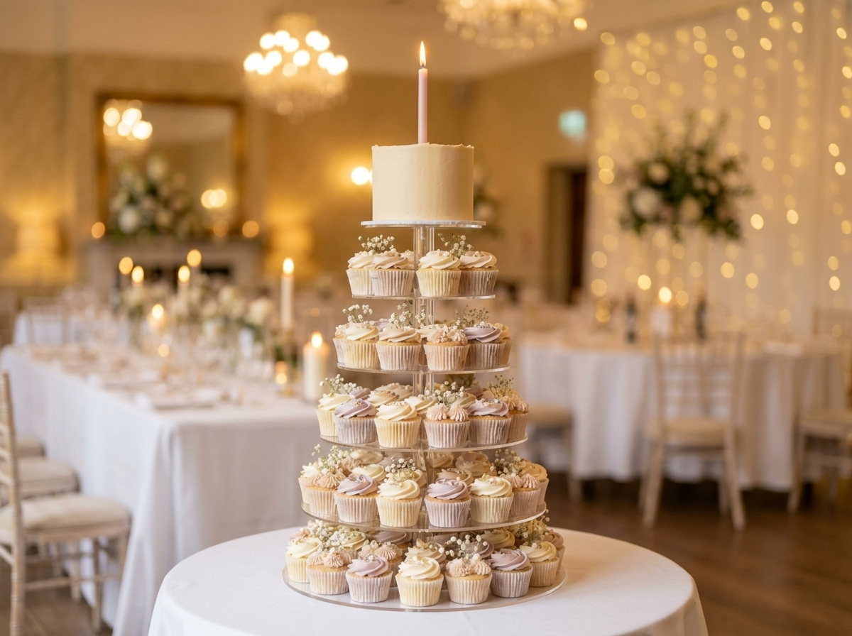 Tiered cupcake tower with a small birthday cake on top, cupcakes cascading down each tier with pastel buttercream swirls