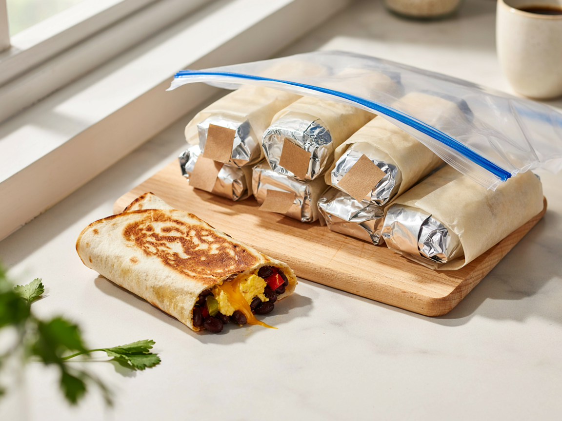 Breakfast burritos wrapped in parchment and foil, stacked with a freezer bag for meal prep storage