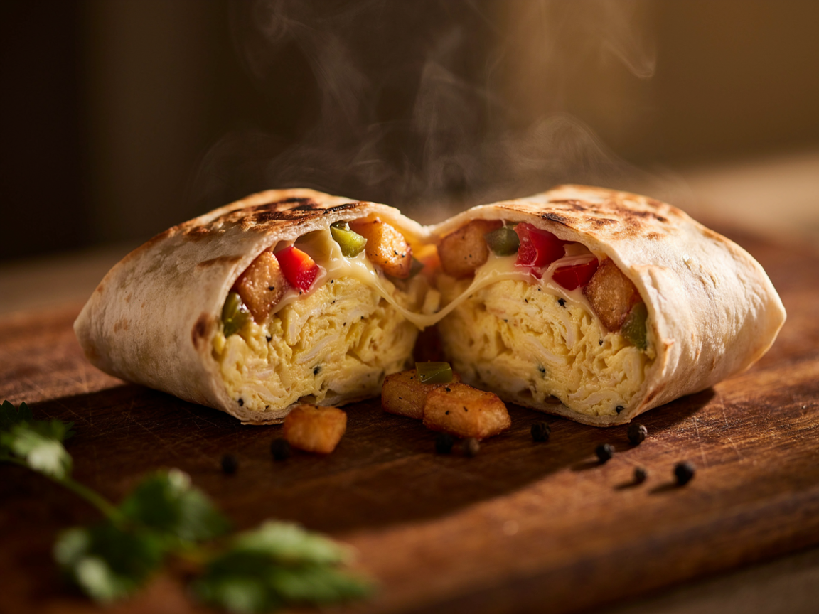 A breakfast burrito cut in half showing fluffy eggs, melted cheese and golden potato inside a crispy tortilla