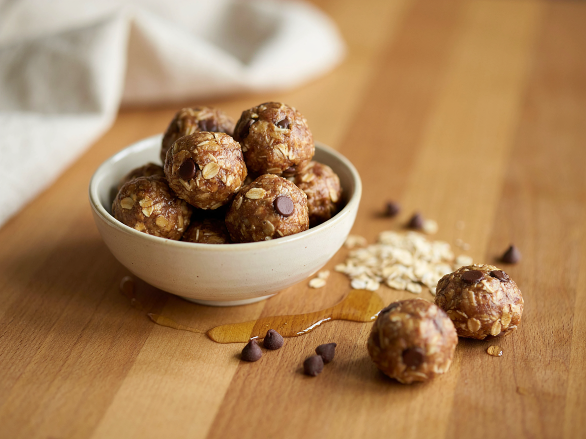 Peanut butter oatmeal protein balls piled in a bowl with mini chocolate chips