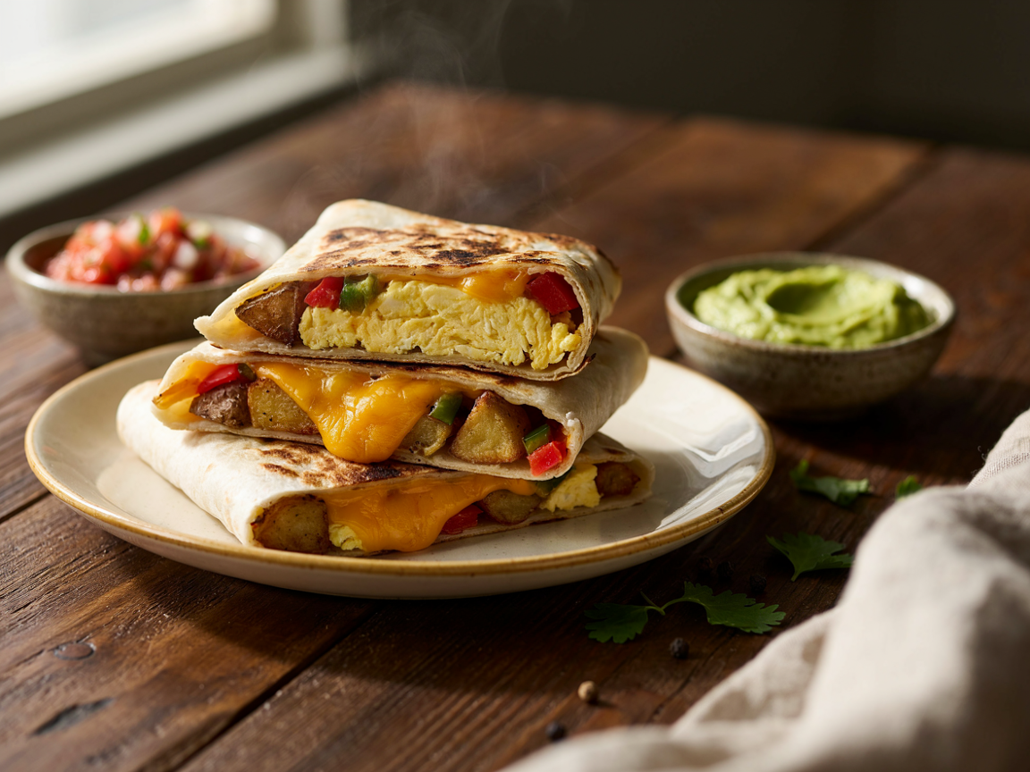Golden crispy sheet pan breakfast burritos stacked on a plate, one cut open to show the egg, cheese and potato filling