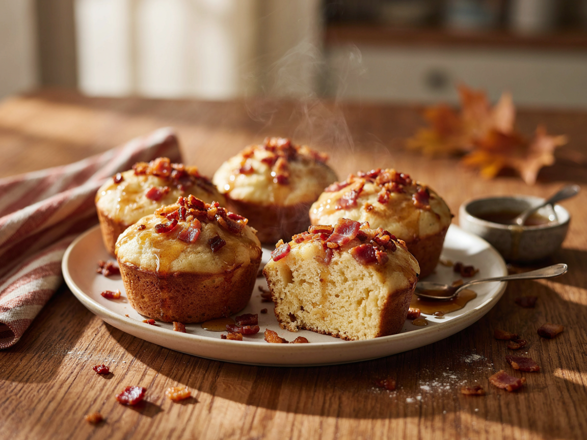 Maple bacon pancake muffins with golden domed tops, crispy bacon crumbles, and a maple drizzle