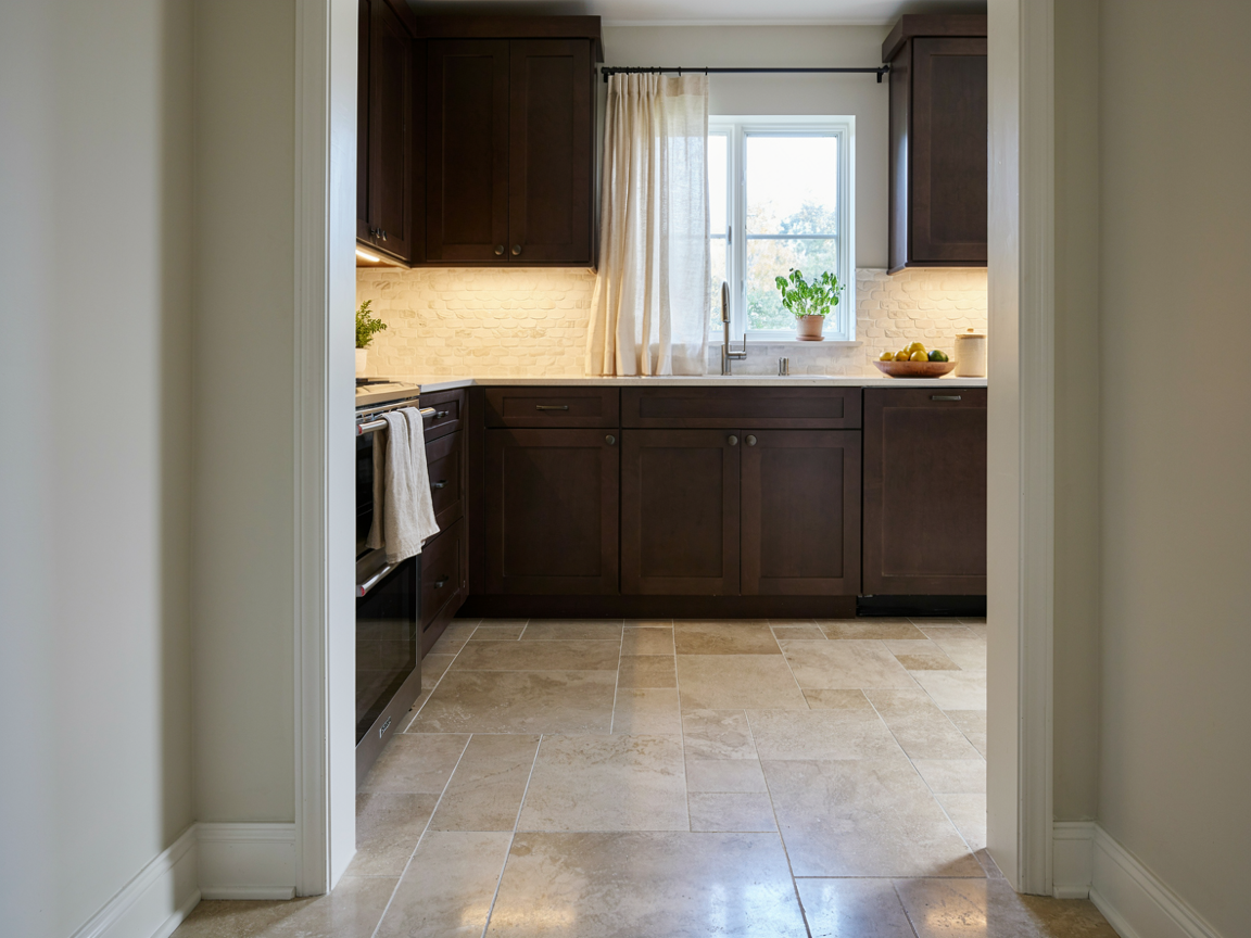 Espresso shaker kitchen cabinets with light white oak wood floor, cream quartz counters and brass hardware