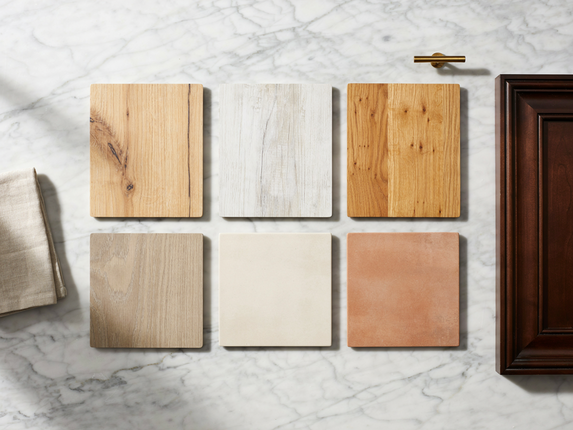 Flat lay of wood and tile floor samples in white oak, whitewashed oak, honey maple, greige, cream tile and terracotta arranged beside an espresso cabinet door