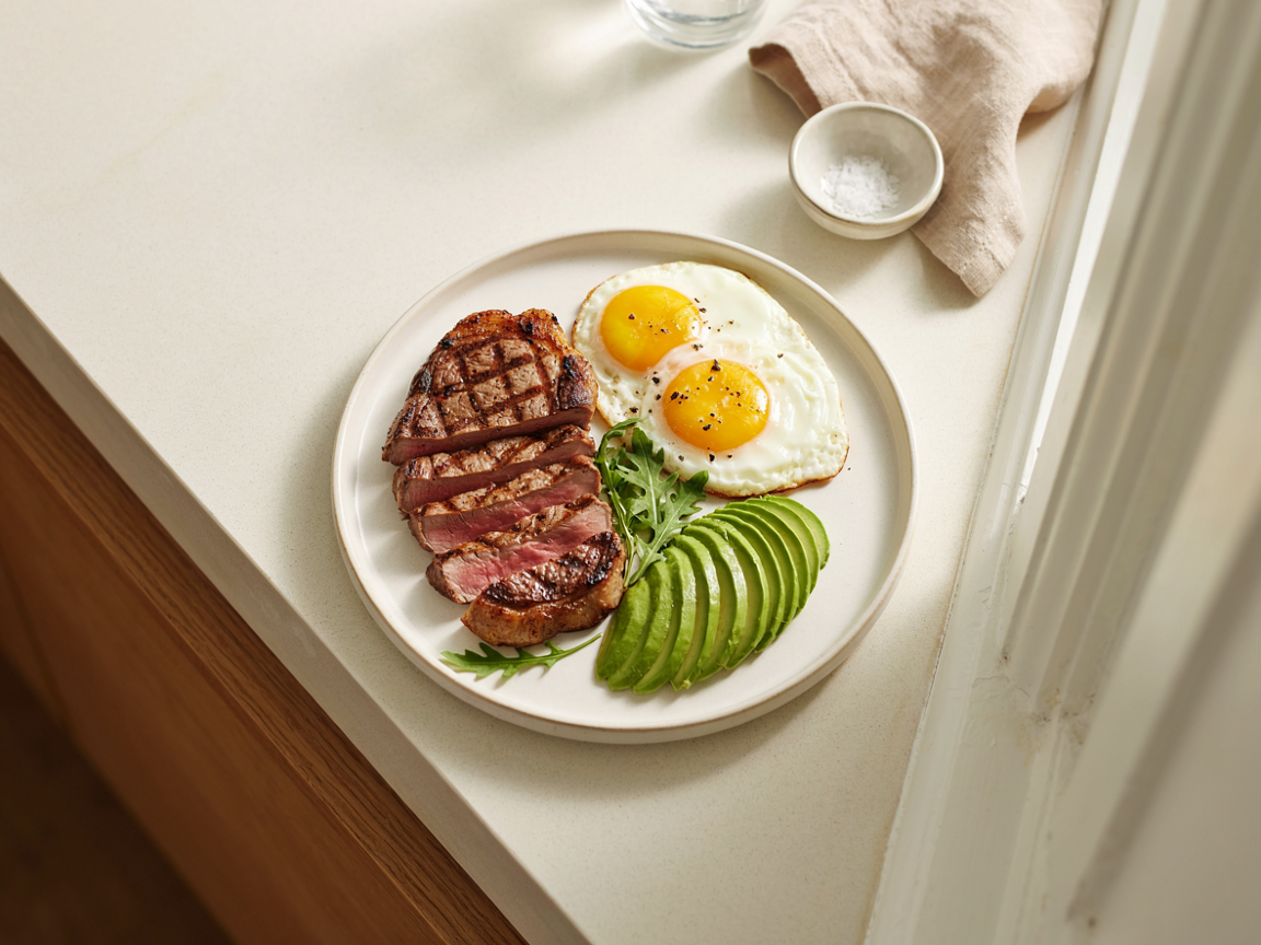 Aesthetic high-protein gym meal: seared steak with runny sunny-side-up eggs, fanned avocado, and fresh arugula on a white plate