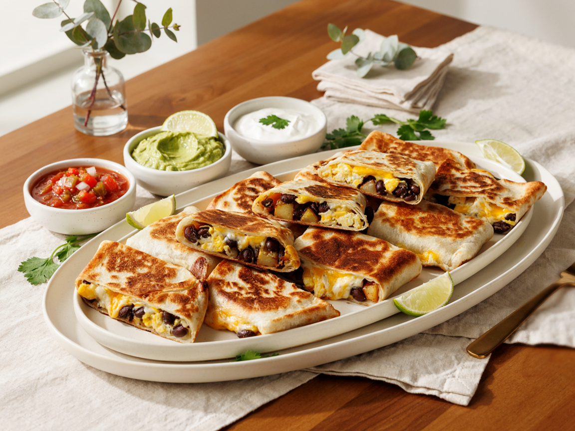 A platter of golden breakfast burritos with bowls of salsa and guacamole for a brunch crowd