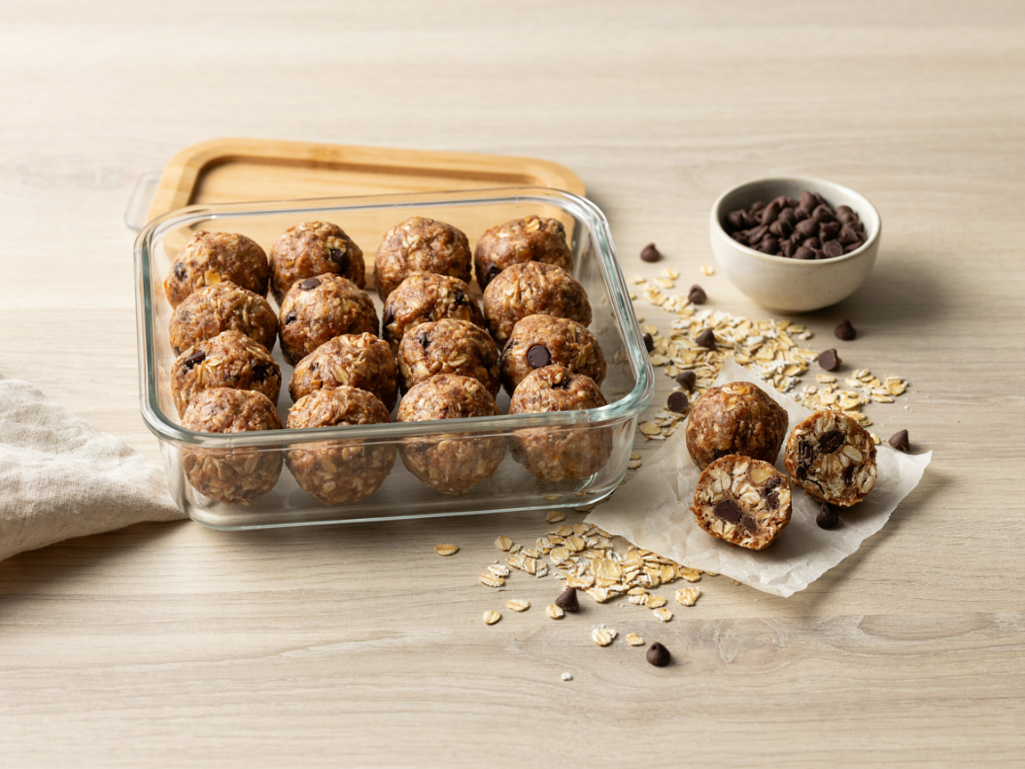 Peanut butter oatmeal energy balls stored in a glass meal-prep container, ready to grab and go