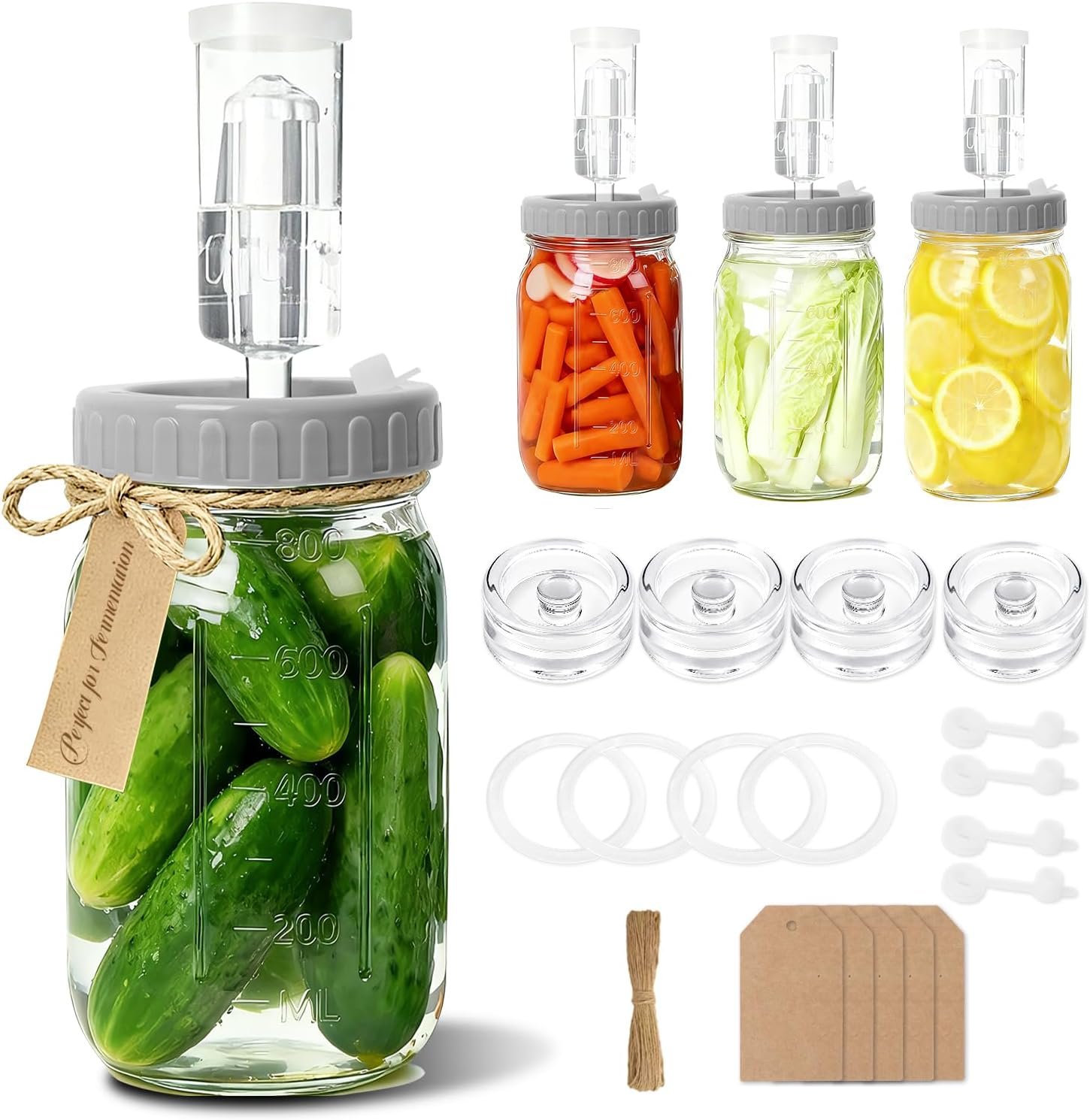 IceFun fermentation kit with four 32 oz wide-mouth mason jars, plastic airlock lids, glass weights and date tags